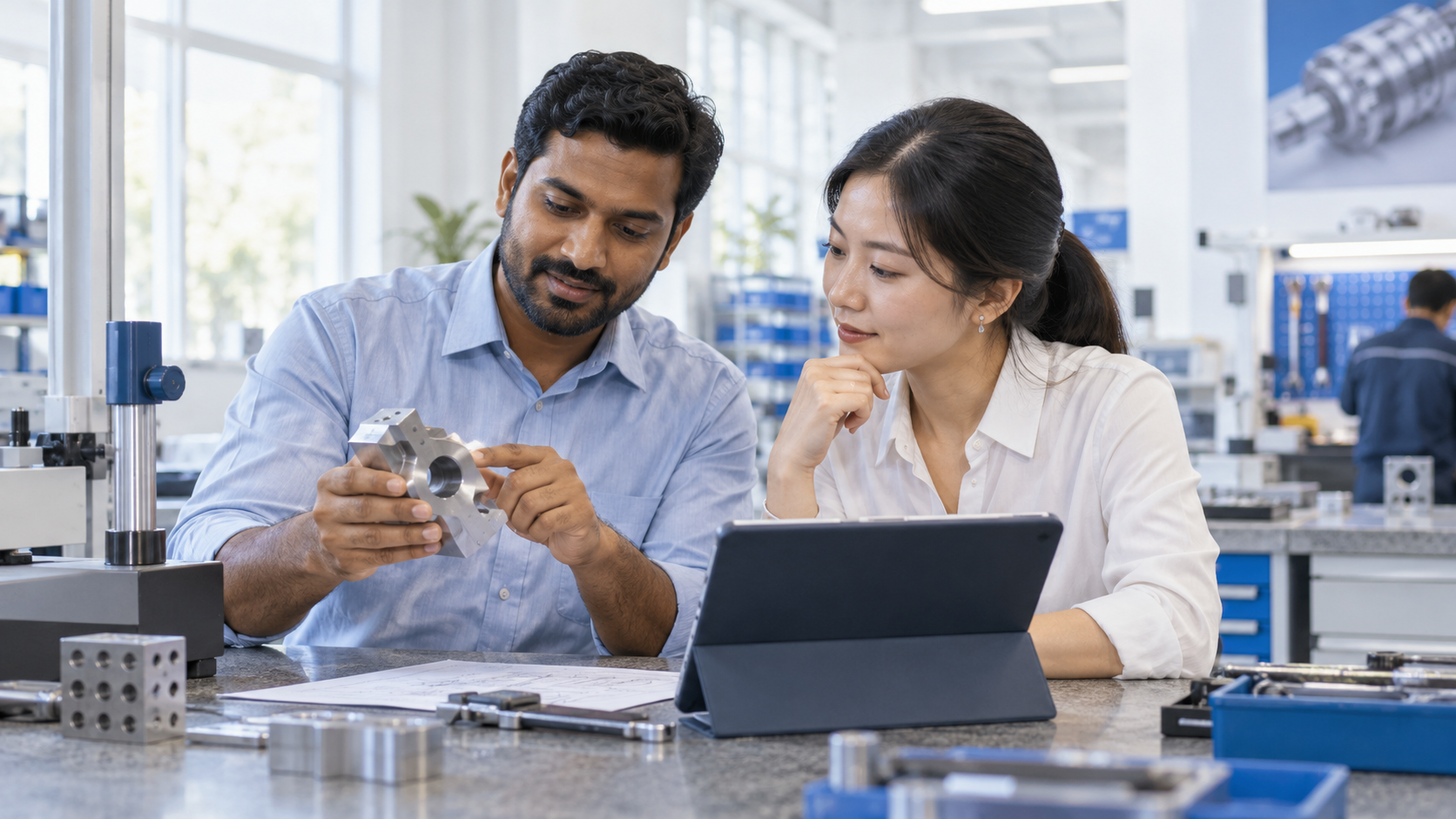 Illustrative scene of colleagues discussing a quality inspection together