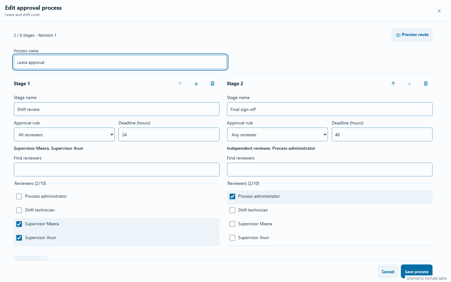 Eagle two-stage approval workflow with selected reviewers and deadlines